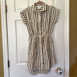 Japna Striped Linen Shirt Dress Beige Minimalist Pockets Beach Sz S